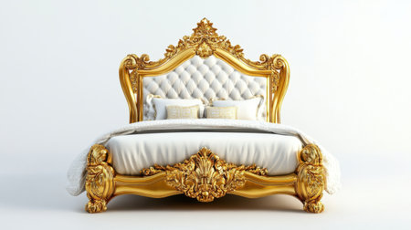 A stunning luxurious bed featuring an ornate golden frame and plush white bedding, ideal for creating an elegant and cozy bedroom atmosphere.の素材