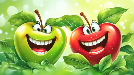 Delightful cartoon apples showcase vibrant colors and cheerful smiles, surrounded by lush green leaves. Perfect for children's themes and playful projects.の素材