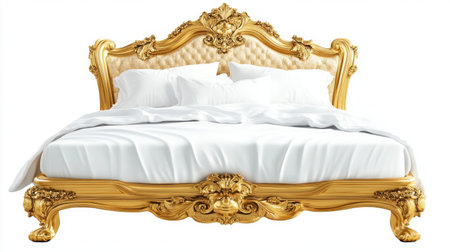 This stunning gold and cream bed features an elegant upholstered headboard, adding a touch of luxury and sophistication to any bedroom interior design.の素材
