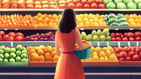 A woman examines a vibrant selection of fresh fruits and vegetables in a grocery store. She holds a basket while surrounded by colorful displays that promote healthy living.の素材