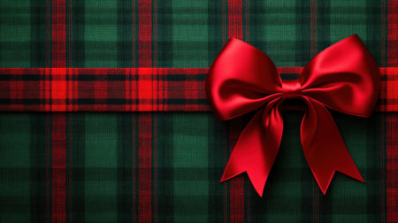 Elegant red satin bow rests on vibrant green and red plaid gift wrap, perfect for enhancing holiday celebrations and special occasions, creating warmth and joy.の素材
