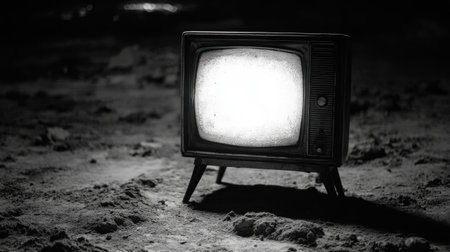 An artistic black and white photo of an old vintage television set with an empty screen, placed on dusty ground. This image evokes nostalgia and classic charm, ideal for retro-themed projects.の素材