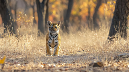 A young tiger cub makes its way through a serene autumn forest, bathed in warm sunlight. This captivating moment showcases the beauty of wildlife in its natural habitat.の素材