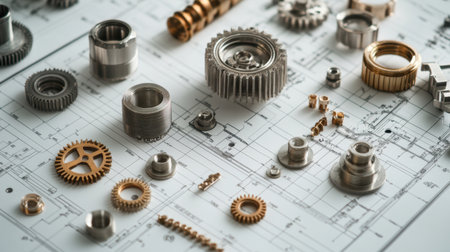 A detailed arrangement of mechanical components showcased on a technical blueprint, highlighting precision engineering and industrial design elements.の素材