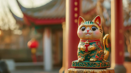 This vibrant cat figurine symbolizes good fortune, beautifully crafted with detailed artistry. It stands in an elegant Asian cultural setting, perfect for decor.の素材