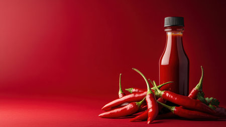 A striking image featuring a bottle of hot sauce surrounded by fresh red chili peppers on a vivid red background, perfect for culinary themes.の素材