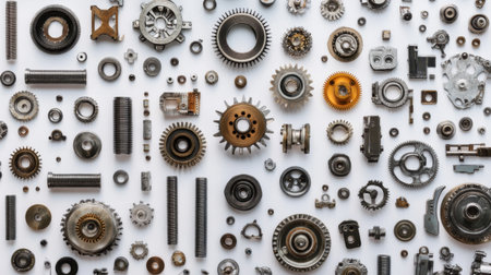 A diverse collection of mechanical gears and components displayed on a clean white background, showcasing intricate designs and textures ideal for industrial themes.の素材