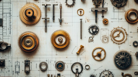 A captivating arrangement of vintage mechanical gears and tools displayed on an engineering blueprint, showcasing intricate parts and craftsmanship in design.の素材