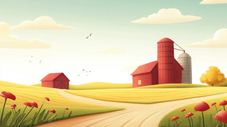 This idyllic farm scene showcases red barns, silos, and a vibrant field adorned with flowers, creating a peaceful countryside atmosphere under a clear sky.の素材