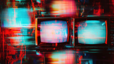 This captivating image showcases two retro televisions displaying vibrant glitch art. The colorful distortion provides a unique blend of technology and modern artistic expression.の素材