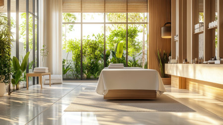 Experience a serene spa interior bathed in natural light, featuring a massage table and lush greenery, creating a peaceful and inviting atmosphere for relaxation and wellness.の素材