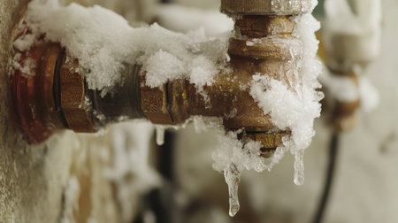 A close-up view of a frozen water pipe featuring icicles, showcasing the impact of winter temperatures on plumbing systems in urban environments.の素材