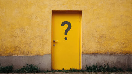A striking yellow door featuring a large question mark invites curiosity. The vibrant wall contrasts with the simple design, symbolizing mystery and the unknown.の素材