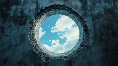 A stunning view from a circular opening in a concrete wall, revealing a vibrant blue sky filled with fluffy clouds. This image captures a sense of freedom and escape.の素材