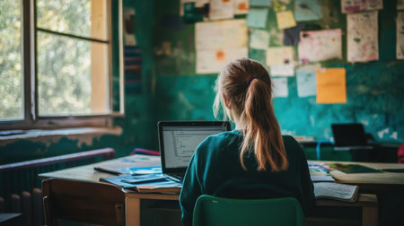 A young student sits at a desk in a cozy classroom, engaging with her laptop. Surrounded by colorful papers and notes, she represents the essence of modern education.の素材