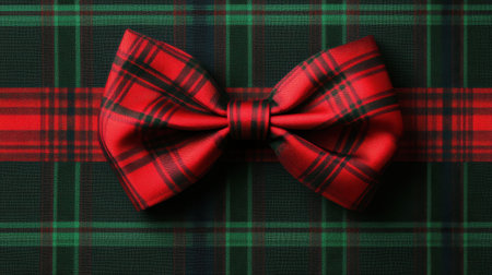 A striking red plaid bow showcases intricate patterns against a green and red tartan background. Ideal for festive decorations, this stylish accessory adds a touch of elegance.の素材