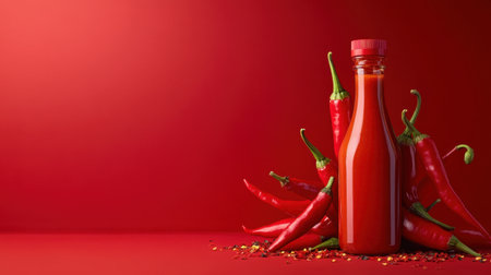 Hot sauce bottle, chili peppers, red background, spicy, food.の素材
