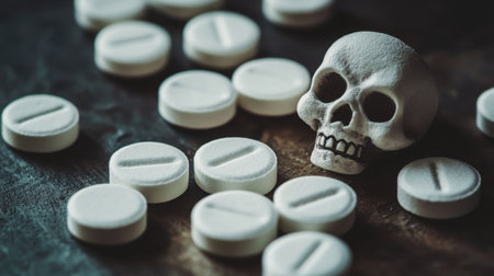 Drug overdose, fentanyl pills, skull and crossbones, danger.の素材