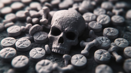 Drug overdose, fentanyl pills, skull and crossbones, danger.の素材