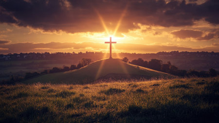 Jesus" on cross, glowing, hilltop, Christian hope, faith, Bible.の素材