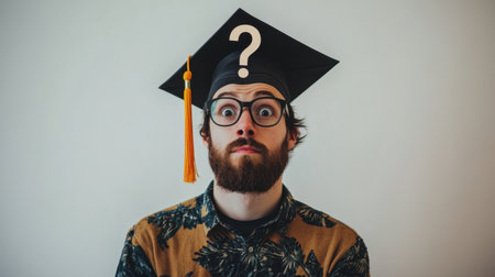 Graduate student, question mark, graduation gown, future, decision.の素材