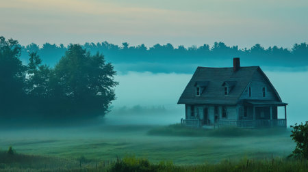 Foggy morning, vintage house, landscape, countryside, misty.の素材