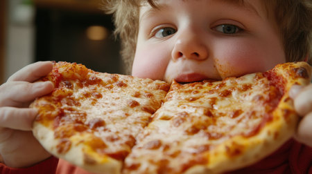 Overweight boy, eating pizza, closeup, fast food, unhealthy.の素材