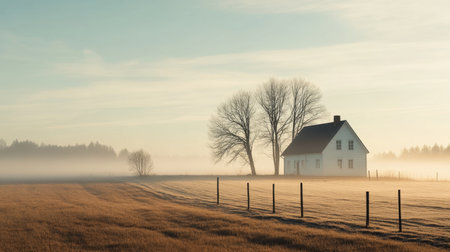 Misty morning, landscape, vintage house, countryside, foggyの素材