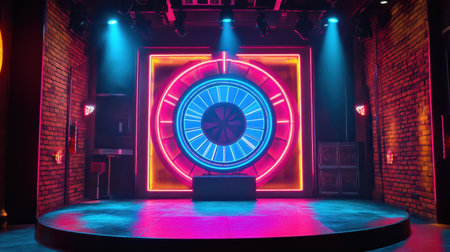 Spinning wheel, game show, neon lights, stage, entertainment.の素材