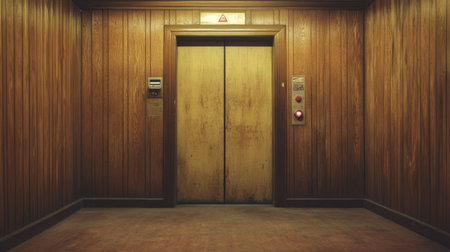 This vintage wooden elevator interior showcases closed doors and button panels, creating a nostalgic atmosphere filled with warmth and history.の素材