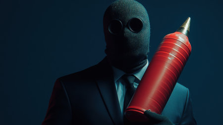 A mysterious figure dressed in a suit holds an oversized ketchup bottle, creating an intriguing contrast between the formal attire and playful object.の素材