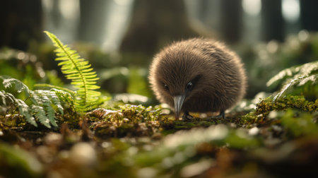 A young bird investigates its natural habitat among lush green ferns, showcasing the beauty of wildlife in a tranquil forest environment.の素材