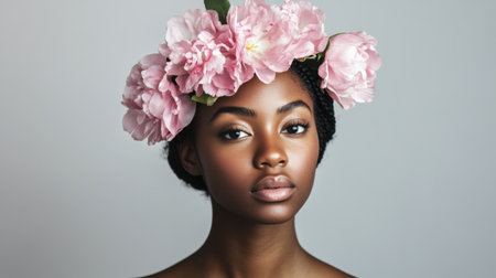 Stunning portrait of a woman adorned with a pink floral headpiece, showcasing natural beauty and elegance. The soft lighting highlights her features and serene expression.の素材