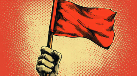 Warning sign, red flag, hand holding, danger, alert.の素材