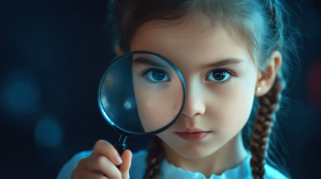 A young girl examines an object closely using a magnifying glass, showcasing curiosity and wonder in a softly lit dark setting.の素材