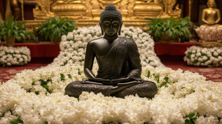A serene black Buddha statue sits in a tranquil setting, surrounded by abundant white flowers. This peaceful scene evokes calmness and spirituality, perfect for meditation or worship.の素材