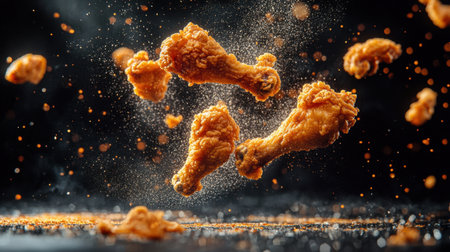 A captivating image of fried chicken pieces floating mid-air with spices cascading around them, showcasing their crispy texture against a dark background.の素材