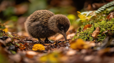 A charming kiwi chick forages on the forest floor amidst vibrant autumn foliage. This image captures the essence of wildlife in a serene, lush environment, showcasing the beauty of nature.の素材