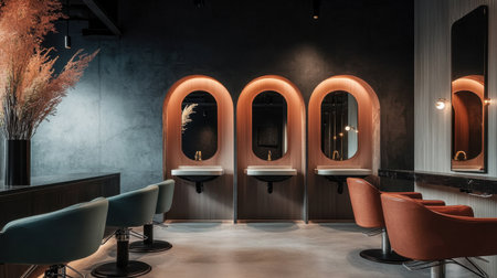 Explore the serene and modern interior of a stylish salon featuring elegant mirrors and soft lighting, creating a calming atmosphere for beauty treatments.の素材