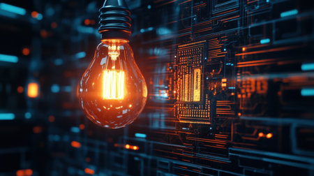 A glowing light bulb hangs in front of a futuristic circuit board, showcasing the intersection of energy and technology, creating a captivating visual atmosphere.の素材