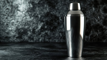 A sleek metal cocktail shaker stands prominently on a dark textured surface, reflecting light beautifully. Perfect for any bartending setting or home bar.の素材
