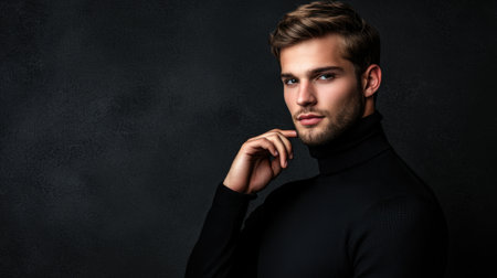 Stylish young man in a black turtleneck sweater, posing with confidence against a textured dark background, perfect for inspirational quotes or branding.の素材