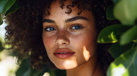 Captivating close-up portrait of a woman with beautiful freckles and curly hair, framed by lush green leaves. Her serene expression reflects natural beauty and confidence.の素材