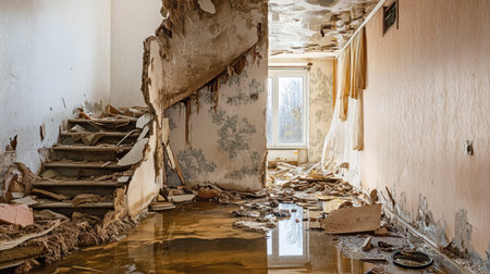 This image depicts an abandoned room suffering from water damage, featuring peeling walls, a flooded floor, and scattered debris, evoking a sense of decay.の素材