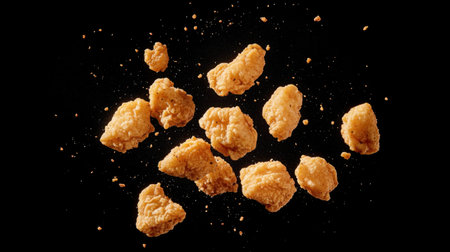 A dynamic display of crispy fried chicken pieces falling into space, showcasing a tantalizing texture and rich golden color, perfect for food lovers.の素材