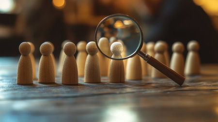 A single wooden figure is highlighted by a magnifying glass amidst a group. This image symbolizes observation, uniqueness, and the importance of individual focus in a collective setting.の素材