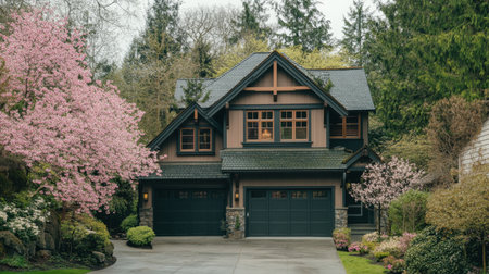 A charming suburban home surrounded by blooming cherry blossoms, showcasing an inviting exterior with a tranquil atmosphere, perfect for spring.の素材