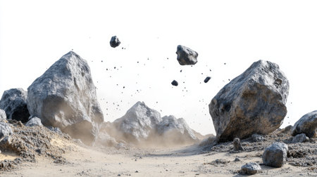 A dramatic scene showcasing large rocks in motion, creating an impactful visual with flying debris and dust, capturing the essence of nature's raw energy.の素材