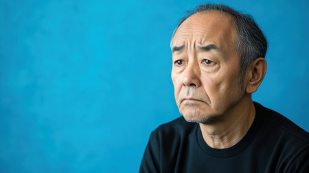 A contemplative elderly man gazes thoughtfully with a serious expression against a vibrant blue background. The image captures deep emotion and introspection.の素材