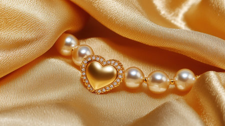 A stunning heart pendant bracelet adorned with pearls rests elegantly on a soft golden fabric, showcasing a blend of luxury and romance perfect for any jewelry lover.の素材